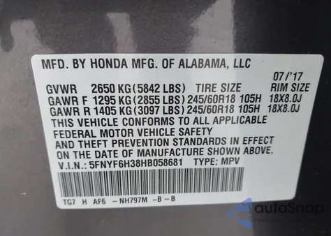 2017 Honda Pilot Ex z USA, uszkodzony, nr VIN 5FNYF6H38HB058681